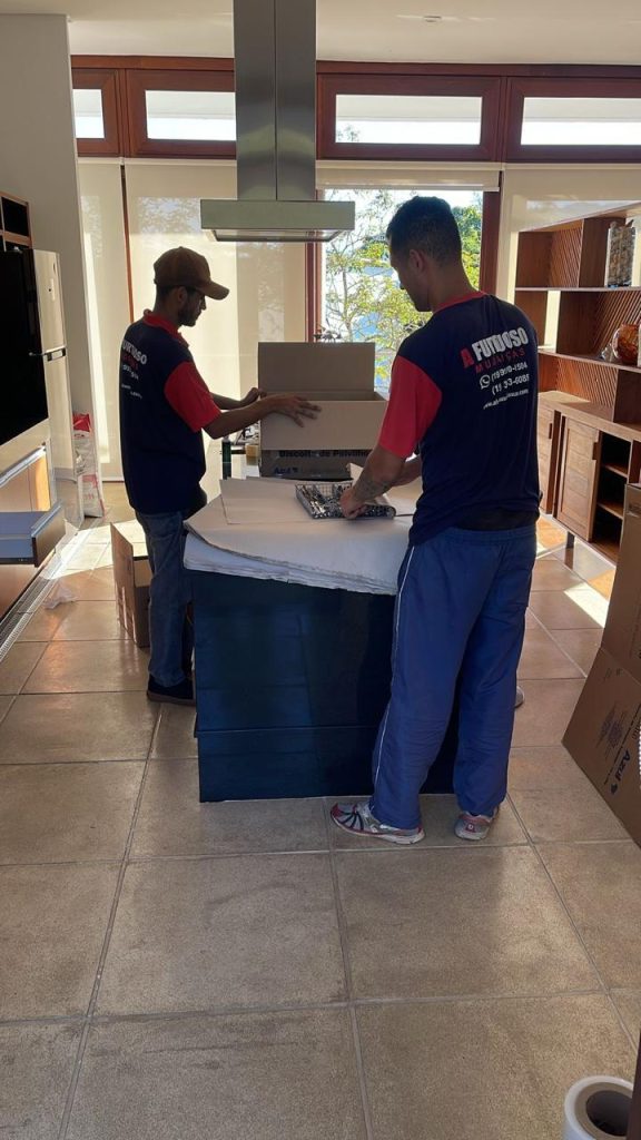 Dois profissionais da A. Furtuoso organizam caixas e itens de uma mudança residencial